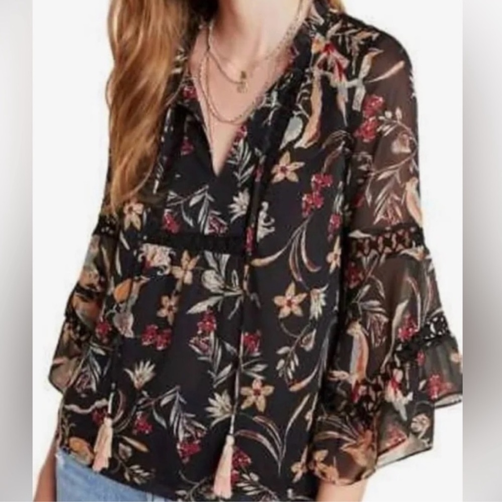 Anthro MAEVE Floral Black Top